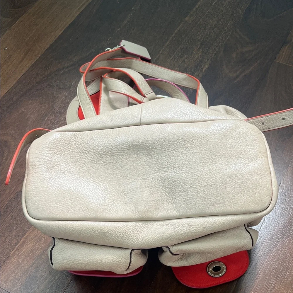 Coach Cream Leather Drawstring Backpack with Pink Trim